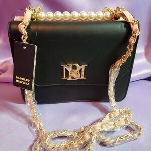 Badgley Mischka Double-Sided  Crossbody Bag Black & Blush w/ Faux Pearls